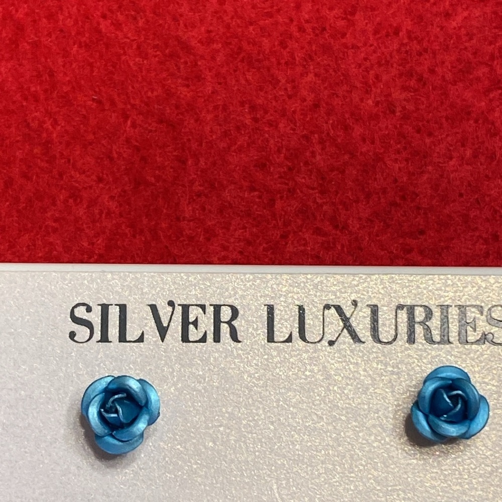 Blue Crystal Silver Tone Pierced Earrings - Picture 9 of 10